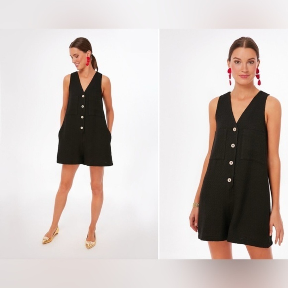 Pomander Place Myla Romper Black Textured Sleeveless Button Front Sz Small TNuck